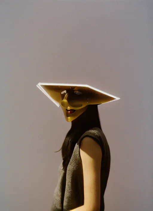 Image similar to a fashion portrait photograph of a woman wearing a plastic mask designed by james turrell, 3 5 mm, color film camera,