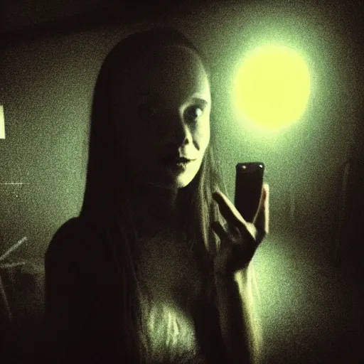 Image similar to a selfie of a woman in a dark room, with a spooky filter applied, in a halloween style.