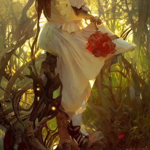 Image similar to alice in wonderland, dramatic lighting, high detail, painted, by greg rutkowski, painted by stanley artgerm, painted by alphonse mucha, trending on artstation