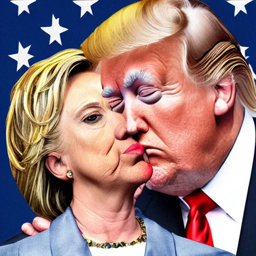 Image similar to realistic portrait of Donald trump kissing Hillary Clinton, hyperrealistic