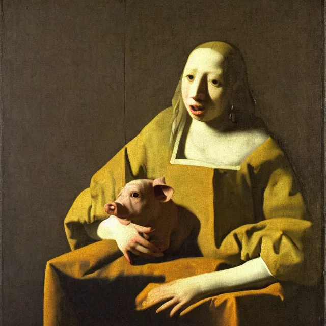 Prompt: baroque painting from 1 6 7 0 of a pig wearing overalls by johannes vermeer, jan vermeer, soft lighting