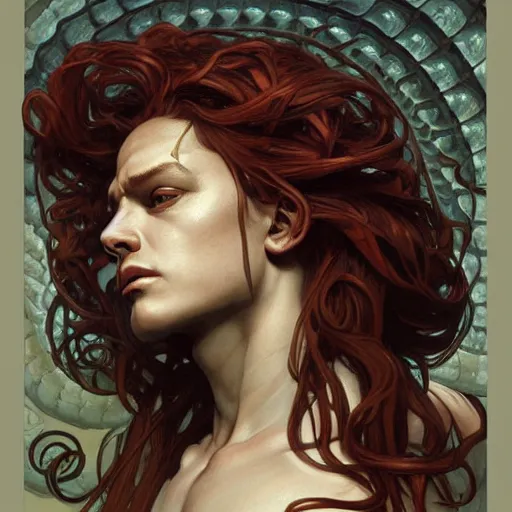 Image similar to male medusa, highly detailed, digital painting, snakes, artstation, concept art, smooth, sharp focus, illustration, art by artgerm and greg rutkowski and alphonse mucha