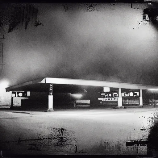 Prompt: polaroid abandoned gas station, dark moody, foggy, scary