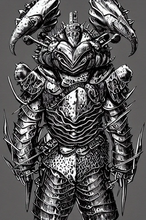 Prompt: human warrior, lobster themed armour, crab pinchers, symmetrical, highly detailed, digital art, needles, sharp focus, trending on art station, kentaro miura manga art style