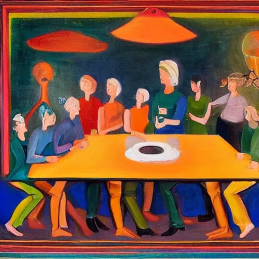 Prompt: A beautiful painting of a group of people standing around a circular table. In the center of the table is a large, open book. The people in the painting are looking at the book with interest and appear to be discussing its contents. Cenozoic, light orange by Ettore Sottsass subdued, balmy