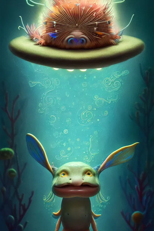 Image similar to Bioluminescent, portrait of axolotl wearing wizard hat, very intricate , trending on artstation , very elegant, in the golden hour by Daniel Merriam, Trending on Artstation, oil on Canvas by Elena Zhurikhina and Goro Fujita and Charlie Bowater, octane render, 4k, 8k, HD