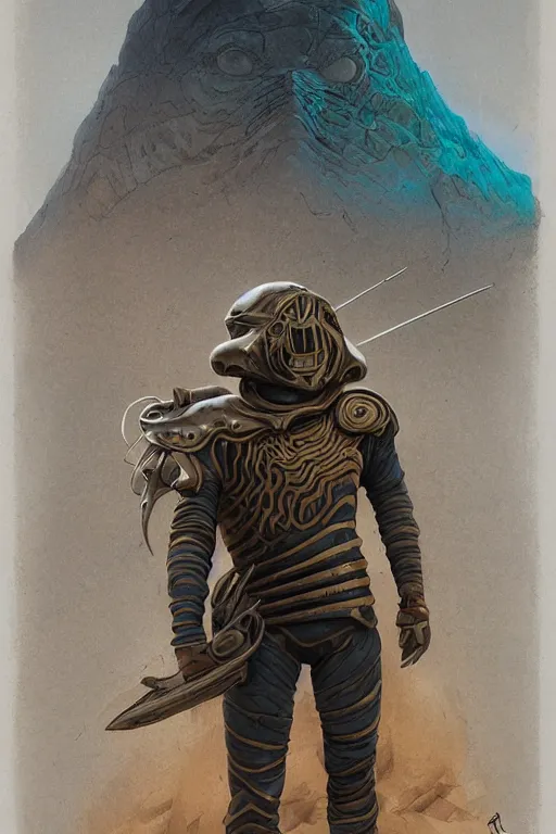 Image similar to dune themed brutal sardaukar warrior, desert breathing armor, graffiti, sketch by sachin teng, moebius, artgerm, michael cheval, esao andrews, francois boucher, masterpiece, intricate organic painting, matte painting, hard edges, highly detailed, cinematic lighting character art movie poster by drew struzan