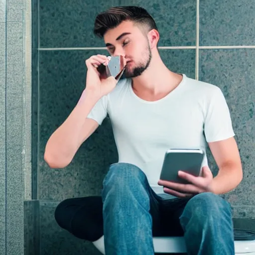 Prompt: dream an attractive young man sitting on top of the toilet scrolling tiktok on his iphone, distant thoughtful look