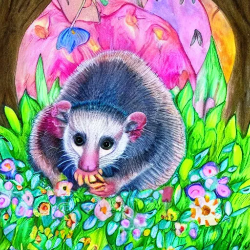 Image similar to opossum, adorable, children's art, colorful, flowers, trees, full moon