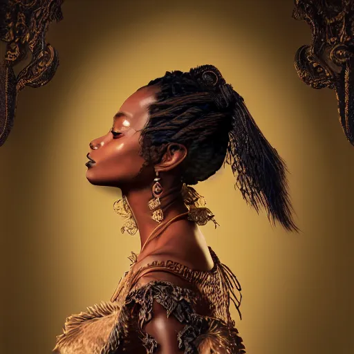 Prompt: the portrait of the absurdly beautiful, graceful, elegant, gorgeous, sophisticated dark - skinned black model goddess, an ultrafine hyperdetailed photograph by kim jung gi, irakli nadar, intricate smooth linework, bright colors, high contrast, octopath traveler, final fantasy, unreal engine 5 highly rendered, global illumination, radiant light, intricate environment