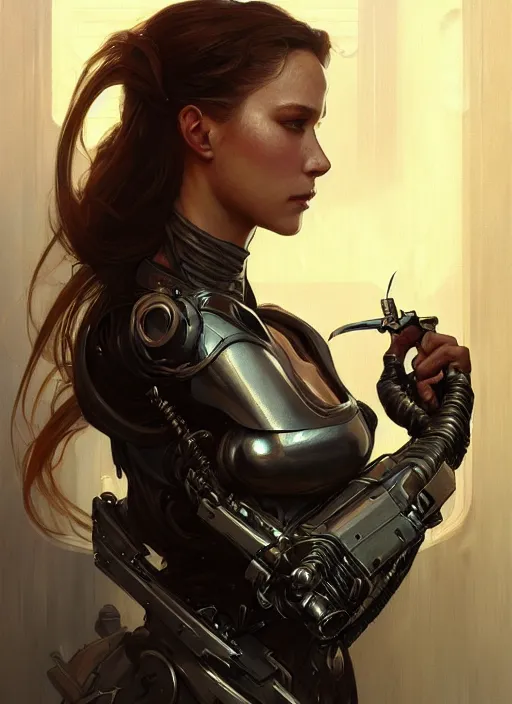 Prompt: portrait of terminator, fantasy, medieval wear, intricate, elegant, highly detailed, digital painting, artstation, concept art, smooth, sharp focus, illustration, art by artgerm and greg rutkowski and alphonse mucha