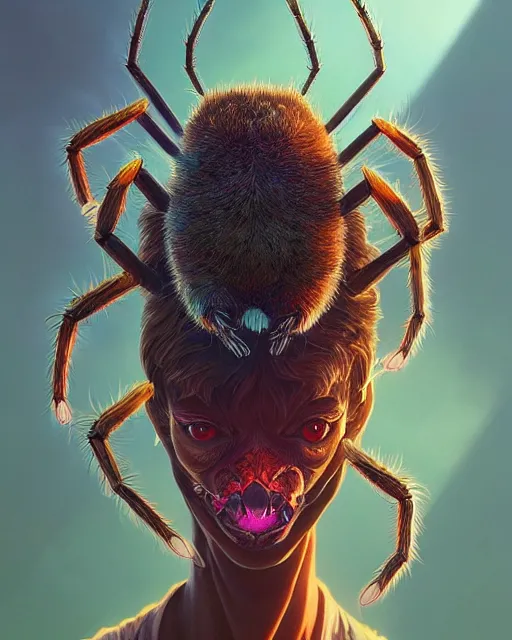 Image similar to highly detailed surreal vfx portrait of a nowpunk spider kangaroo hybrid, stephen bliss, unreal engine, greg rutkowski, loish, rhads, beeple, makoto shinkai and lois van baarle, ilya kuvshinov, rossdraws, tom bagshaw, alphonse mucha, global illumination, detailed and intricate environment