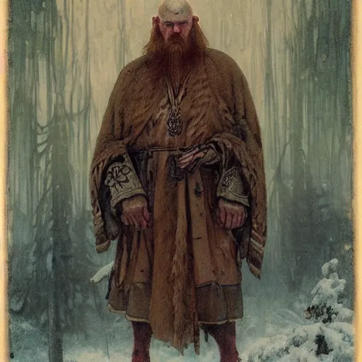 Image similar to portrait of bald, elderly Slavic Viking priest wearing thick furs and standing tall in the blizzard, with fading tattoos covering every inch of exposed skin, portrait by Anato Finnstark, Alphonse Mucha, and Greg Rutkowski