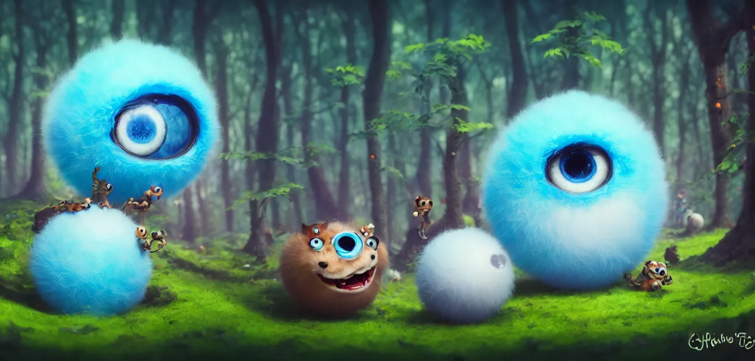 Prompt: 3 d funny fluffy round with big blue eyes ball appearing from the forest, in the style of craola, shallow depth of field, highly detailed, digital painting, trending artstation, concept art, illustration, cinematic lighting, vibrant colors, photorealism, epic, octane render