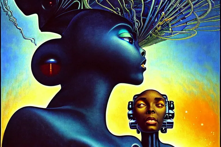 Image similar to realistic extremely detailed portrait painting of a beautiful black woman with a robot, futuristic sci-fi landscape on background by Jean Delville, Amano, Yves Tanguy, Mark Brooks, Alphonse Mucha, Ernst Haeckel, Edward Robert Hughes, Roger Dean, rich moody colours, blue eyes