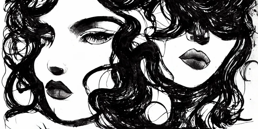 Image similar to ink lineart drawing of a beautiful woman, doll face, big lips, pinup, white background, etchings by goya, chinese brush pen, illustration, high contrast, deep black tones contour