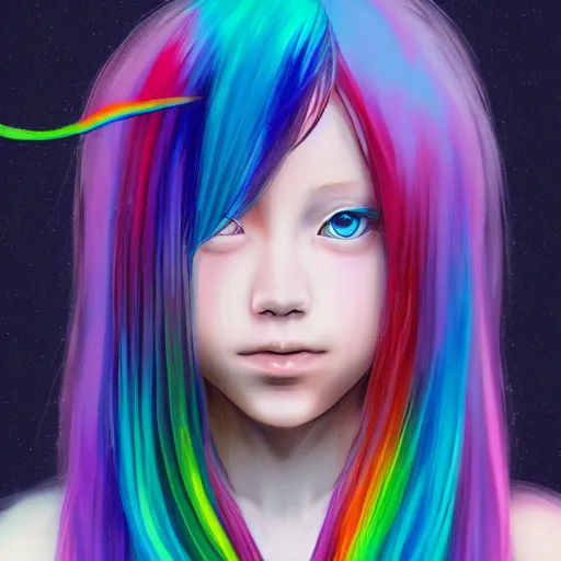 Prompt: girl with rainbow hair holding a cat, digital art, by Yoshitaka Amano, trending on artstation, 4k, highly detailed