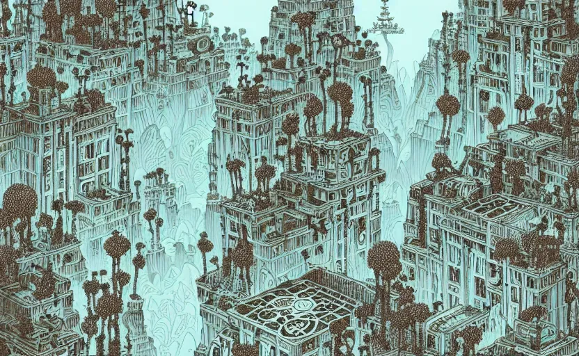 Image similar to lost city by joe fenton, by kaethe butcher, dynamic lighting, gradient light blue, brown, blonde cream and white color scheme, grunge aesthetic