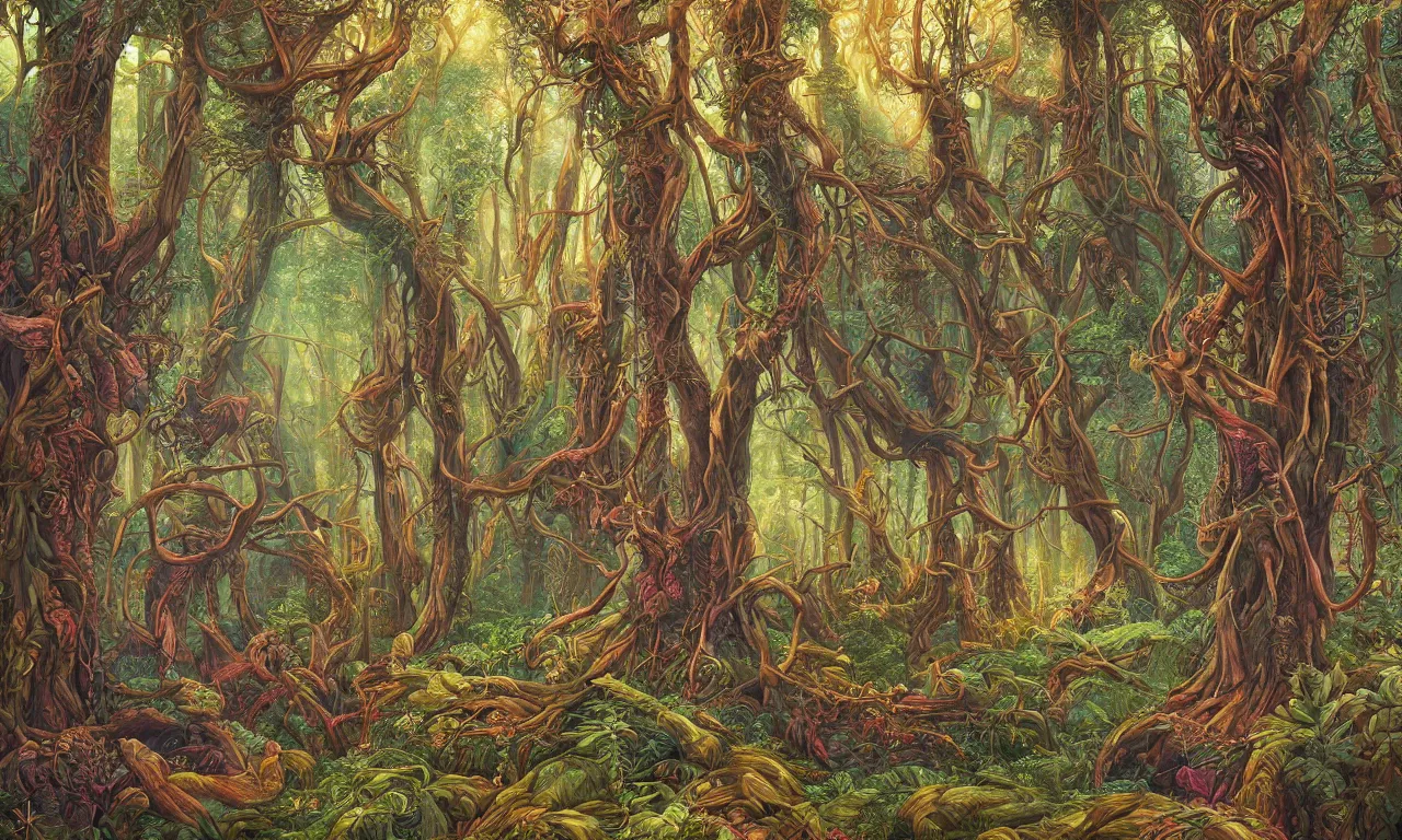 Prompt: mystical forest, illustration painting, oil on canvas, intricate, hd, digital art, overdetailed art, complementing colors, detailed, illustration painting by alex gray, digital art, moebius