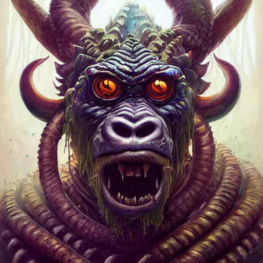 Image similar to first person view of barong family member, wiwek, mara demon, one single tribe member, jungle, one single mask, dark, ancient warrior, gorilla, lizard, tribal, inner glow, paint by peter mohrbacher