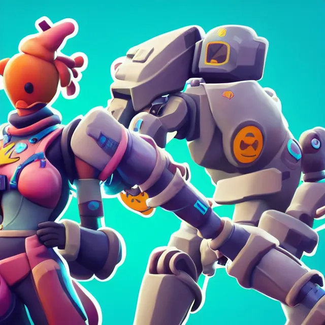 Prompt: sticker of a cute friendly happy cartoon e sports gamer playing fortnite, mecha fighter, sticker, close up, wlop, dan mumford, artgerm, liam brazier, peter mohrbacher, 8 k, raw, featured in artstation, octane render, cinematic, elegant, intricate