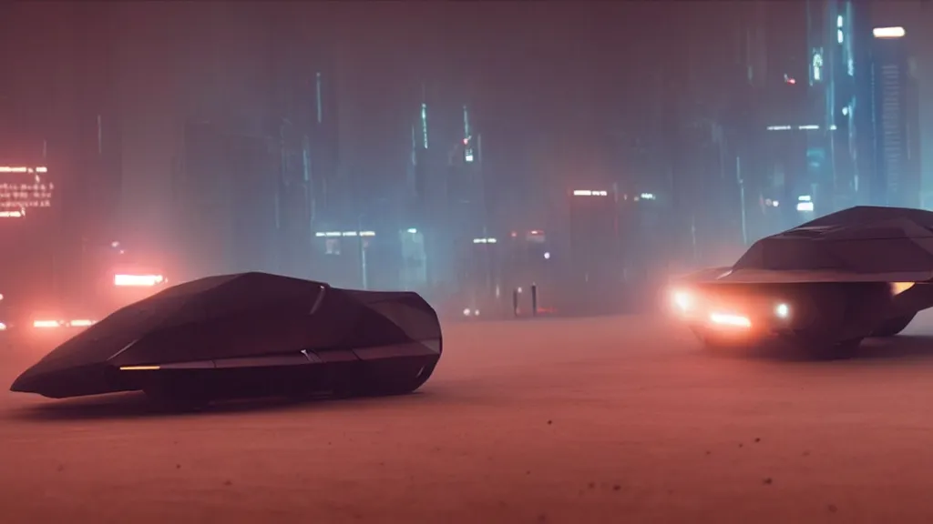 Image similar to A futuristic police car from Blade Runner 2049, film still from the movie directed by Denis Villeneuve with art direction by Salvador Dalí, wide lens