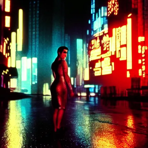 Image similar to jennifer connelly starring in a cyberpunk movie in a distopic futuristic city in the style of bladerunner, movie still, highly detailed, rainy night, volumetric lights, dramatic, scifi, sharp focus, medium shot