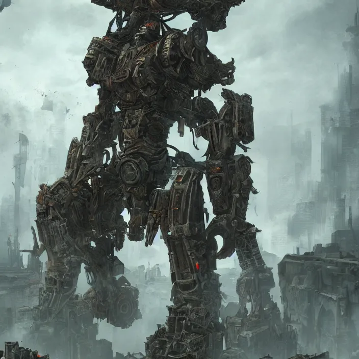 Image similar to mech - warrior with background of crumbling buildings, hyper - detailed, octane render, sharp focus, 4 k ultra hd, fantasy dark art, apocalyptic art