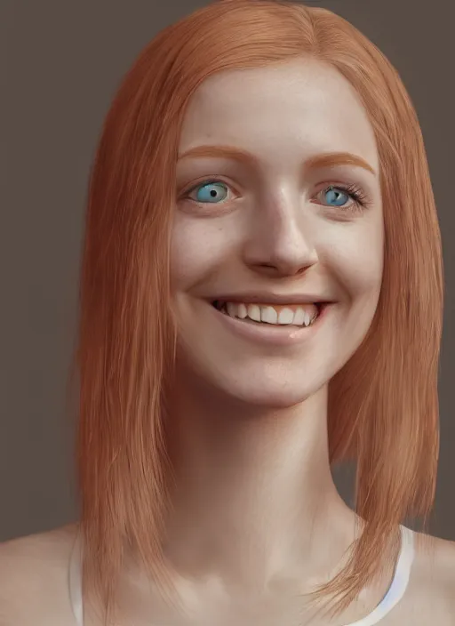 Image similar to Portrait of a Strawberry-Blonde Girl, Young Beautiful Face, Green Eyes, Freckles, Wearing a white crop-top and jeans, with a subtle smile, Detailed, 8K, Epic, Charming, Character, Octane Rendering, Hyper Realistic