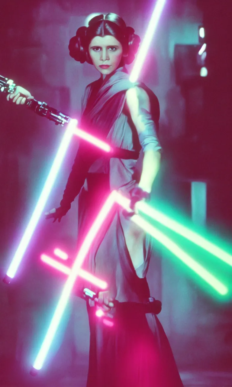 Image similar to Princess Leia wielding a fuchsia light saber, ambient lighting, 8k, 35mm film still from Star Wars