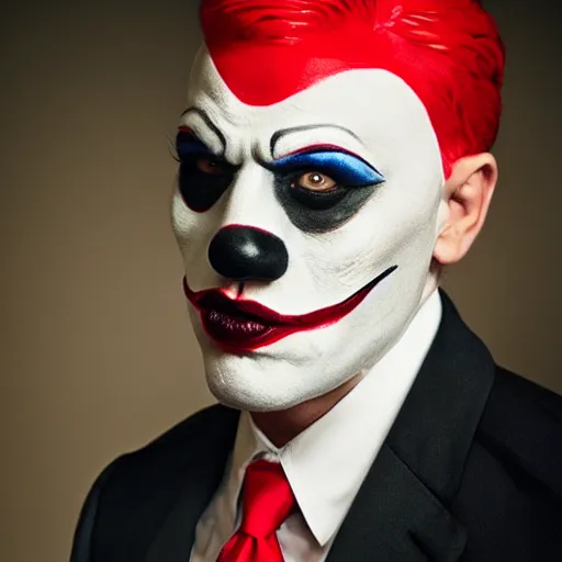 Prompt: UHD candid photo of Anthony Fauci dressed as a hitman, wearing accurate clown makeup, accurate face, UHD, photorealistic, correct face, photo by Annie Leibowitz