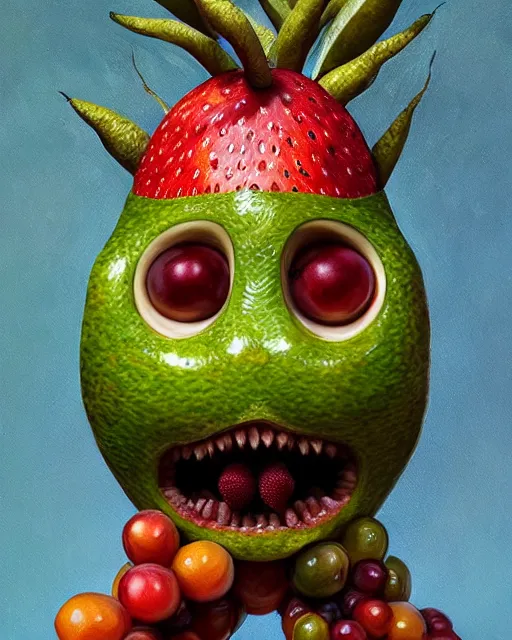 Prompt: portrait of a fruit figurine monster made of different fruit, standing in a forest, staring eyes, open mouth, trees in the background, sunlight, oil painting, highly detailed, dramatic lighting, hyperrealistic, 8 k, smooth, intricate, artstation, cgsociety, by artgerm, by wlop