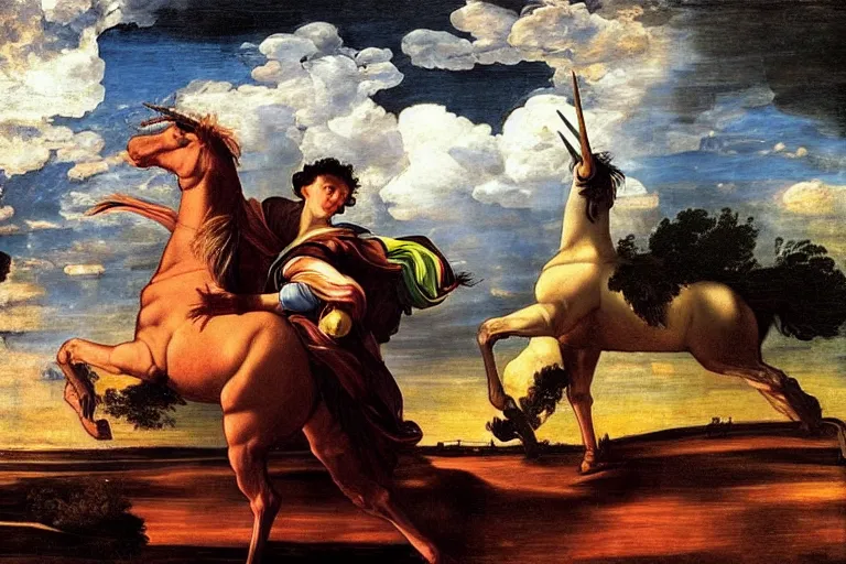 Image similar to a unicorn in the style of Caravaggio, walking across a rainbow. Beautiful clouds, highly detailed. Dramatic composition and beautiful light.