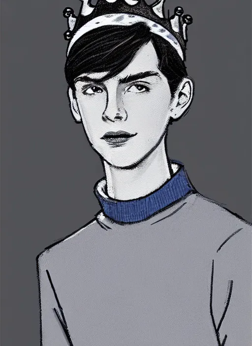 Image similar to portrait of teenage jughead jones wearing a light grey crown, crown, blue turtleneck, 1 9 5 0 s, closed eyes, photorealistic, black hair, glowing lighting, intricate, elegant, glowing lights, highly detailed, digital painting, artstation, concept art, smooth, sharp focus, illustration, art by wlop, mars ravelo and greg rutkowski