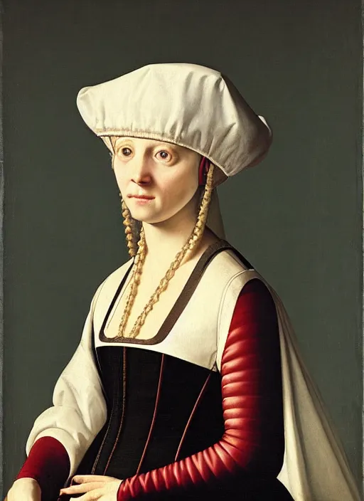 Image similar to portrait of young woman in renaissance dress and hatart by petrus christus,