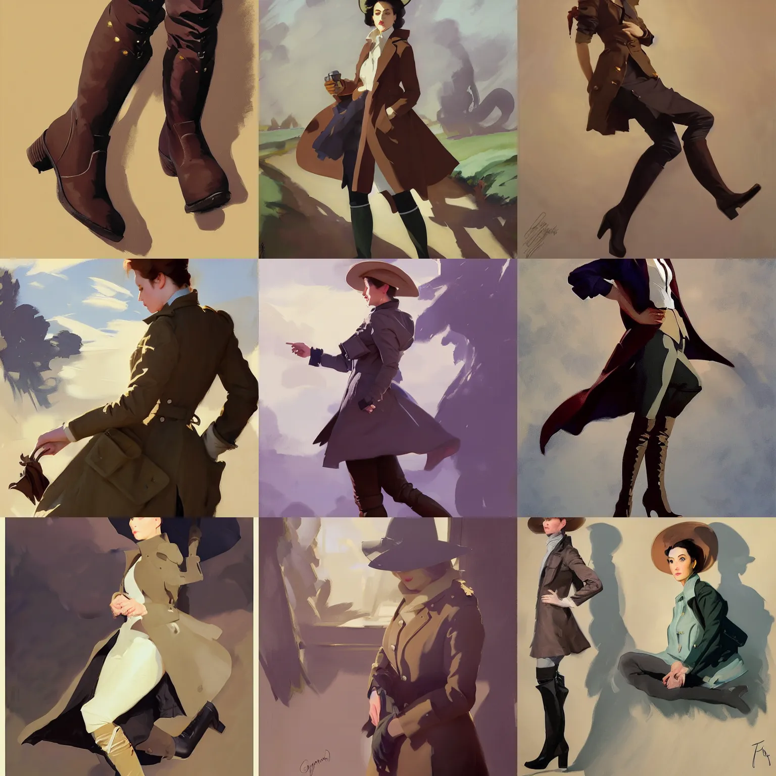 Prompt: cloth fabric jodhpurs knee high boots travel coat fashion, portrait, greg manchess painting by sargent and leyendecker, studio ghibli, fantasy, asymmetrical, intricate, elegant, matte painting, illustration, hearthstone, by greg rutkowski, by greg tocchini, by james gilleard, by joe fenton