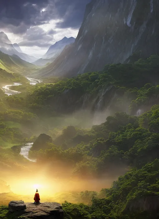 Image similar to an astral monk in lord of the rings scenery landscape, looking out at a vast lush valley at sunrise, big tibetan temple complex on a mountain in the distance, river, waterfall, god's rays, highly detailed, vivid color, cinematic lighting, perfect composition, 8 k, gustave dore, derek zabrocki, greg rutkowski, belsinski, octane render