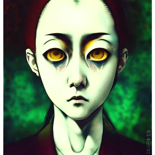 Image similar to yoshitaka amano blurred and dreamy realistic three quarter angle horror portrait of a sinister young woman with short hair and yellow eyes wearing office suit with tie, junji ito abstract patterns in the background, satoshi kon anime, noisy film grain effect, highly detailed, renaissance oil painting, weird portrait angle, blurred lost edges