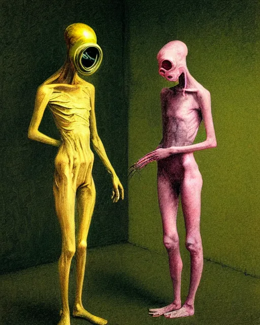 Prompt: Two skinny figures wearing gas masks draped in silky gold, pink and green, in a decayed hospital room, outside a storm rages, soft light, impending doom, gentle, depth of field, extremely detailed, in the style of Francis Bacon, Esao Andrews, Zdzisław Beksiński, Edward Hopper, surrealism, art by Takato Yamamoto and James Jean