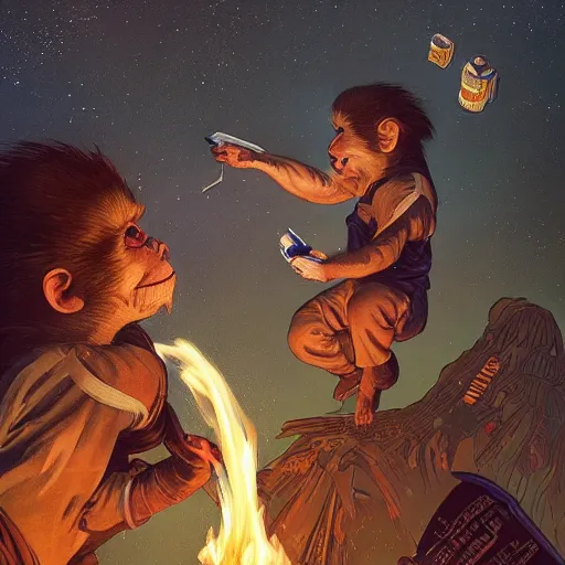 Prompt: [two monkeys throwing books in a bonfire, behind them space rockets are taking off. propaganda, closeup, D&D, intricate, elegant, highly detailed, digital painting, artstation, concept art, matte, sharp focus, illustration, art by Artgerm and Greg Rutkowski and Alphonse Mucha and Enki Bilal]