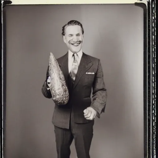 Image similar to a dapper man posing excitedly with a giant pickle Polaroid