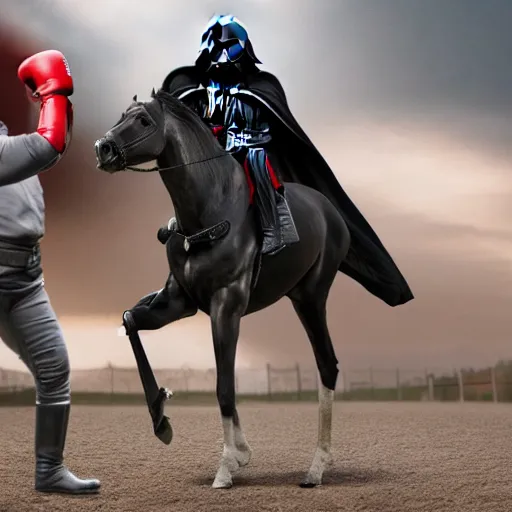 Image similar to a horse boxing darth vader, hyperrealistic, 8 k