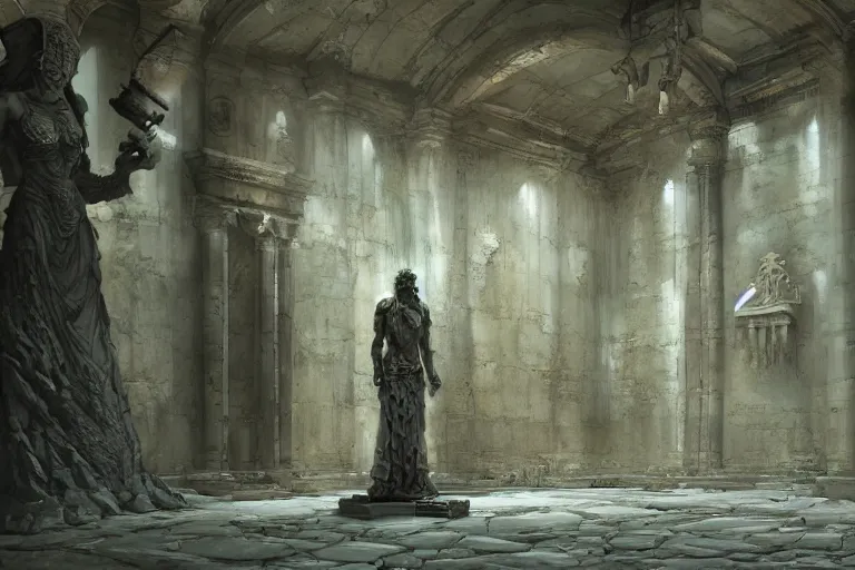 Prompt: A beautiful hyper realistic detailled matte painting of a empty room in a crypt, a broken statue of an ancient god, by John Howe and Moebius and Bastien Lecouffe Deharme and Andreas Rocha, trending on artstation