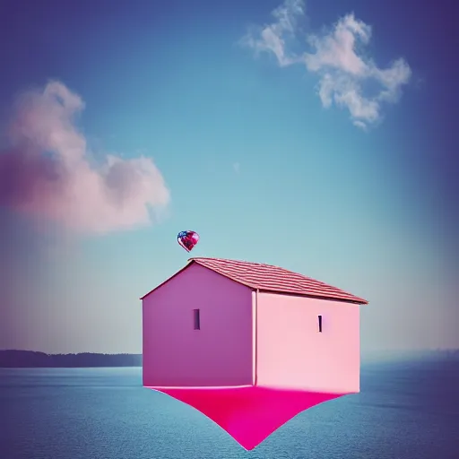 Image similar to a 5 0 mm lens photograph of a cute pink floating modern house, floating in the air between clouds, inspired by the movie up, held up from above by a heart - shaped ballon. mist, playful composition canon, nikon, award winning, photo of the year