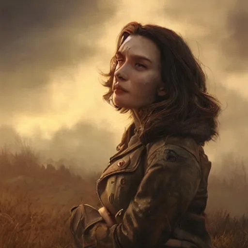 Prompt: fallout 5, charismatic beautiful rugged brunette female protagonist, portrait, outdoors, atmospheric lighting, painted, intricate, volumetric lighting, beautiful, daytime, sunny weather, slight overcast, sharp focus, deep colours, ultra detailed, by leesha hannigan, ross tran, thierry doizon, kai carpenter, ignacio fernandez rios