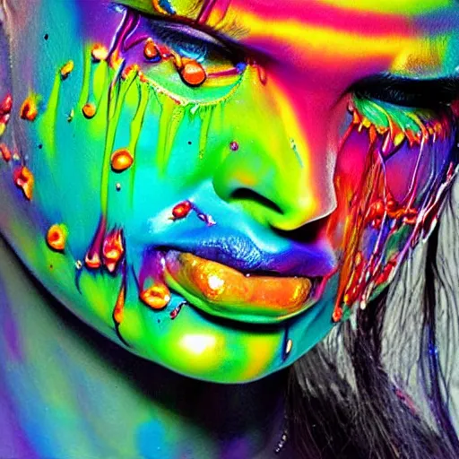 Prompt: melting rainbow chromatic zombie glossy paint full colors