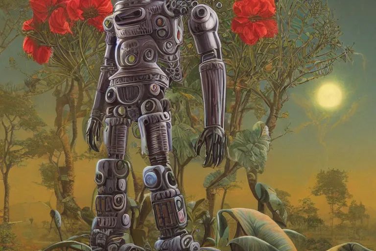 Image similar to evangelionic illustration, gigantic pleasure man head, a lot of exotic vegetation, trees, tremendous pleasure robot, flowers, oldschool vintage sci - fi flat surreal design, super - detailed, oil painting by moebius, hd, 4 k, high quality