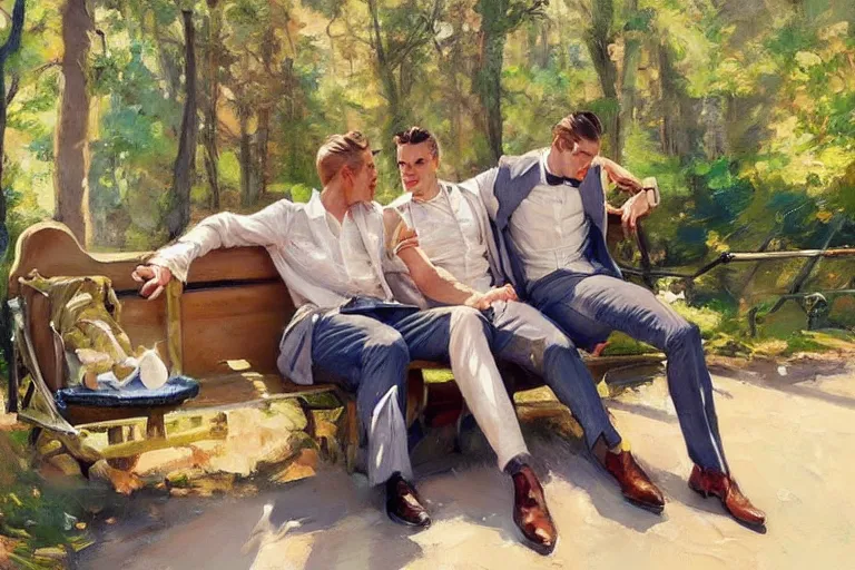 Prompt: 2 attractive men sitting on a coach in forest, painting by vladimir volegov, j. c. leyendecker, tom of finland, trending on artstation