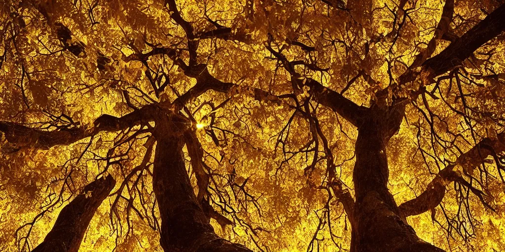 Image similar to a tall old tree with golden leaves, magnificent and sacred atmosphere, ilustration