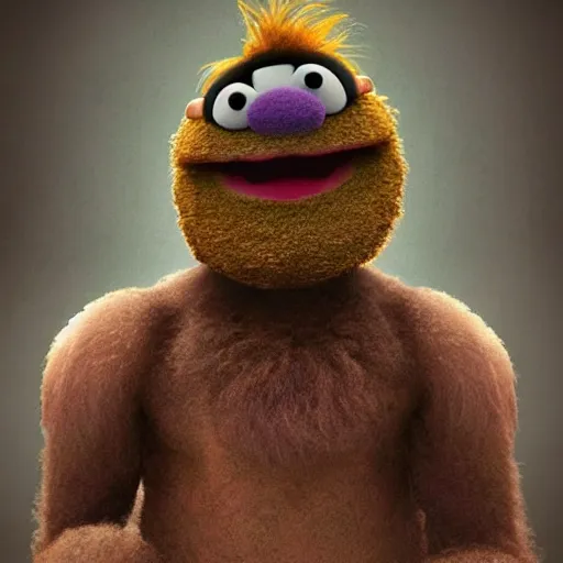 Image similar to a still of a forgotten muppet character looking very manly and modern, hilarious, laughing, hairy chest, huge chin, manly monster tough guy, roughled fur, photo real, photographic, photograph, artstation, trending, featured